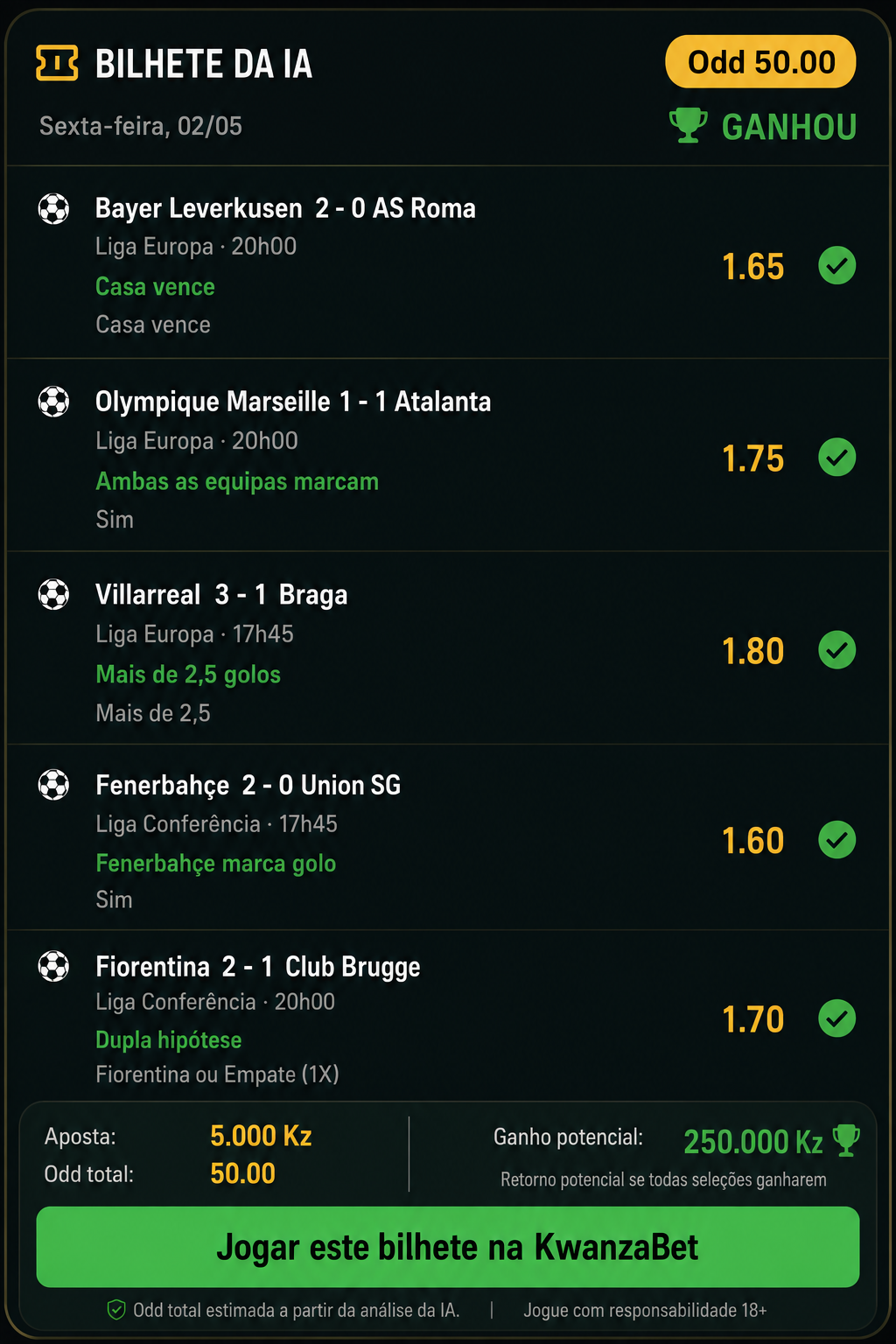 Bilhete da IA ganho