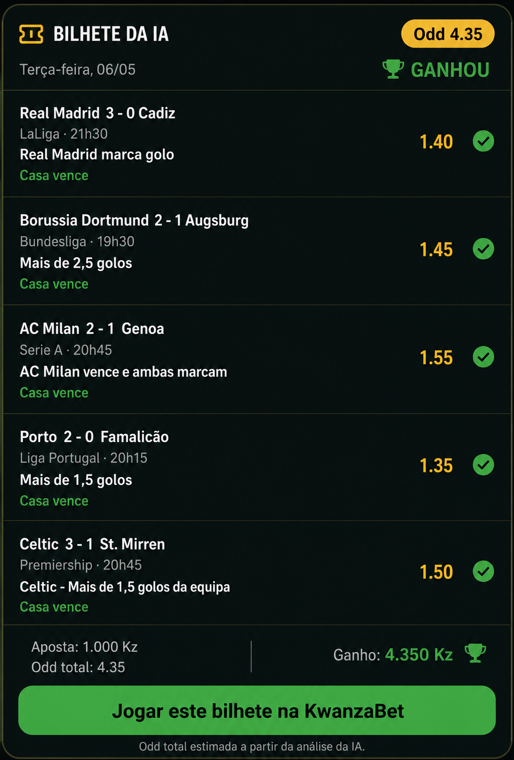 Bilhete da IA ganho